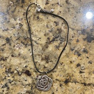 Brighton Silver Rose Pendant on Black Leather Necklace